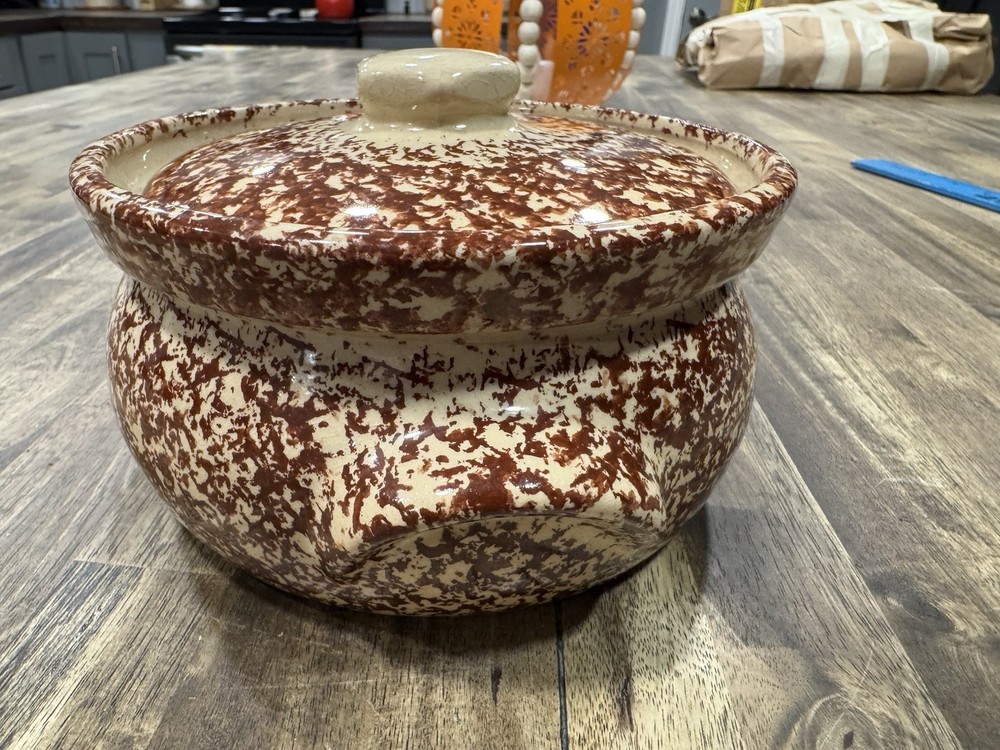 Small Brown Spongeware Cookie Jar Bean Pot RRP