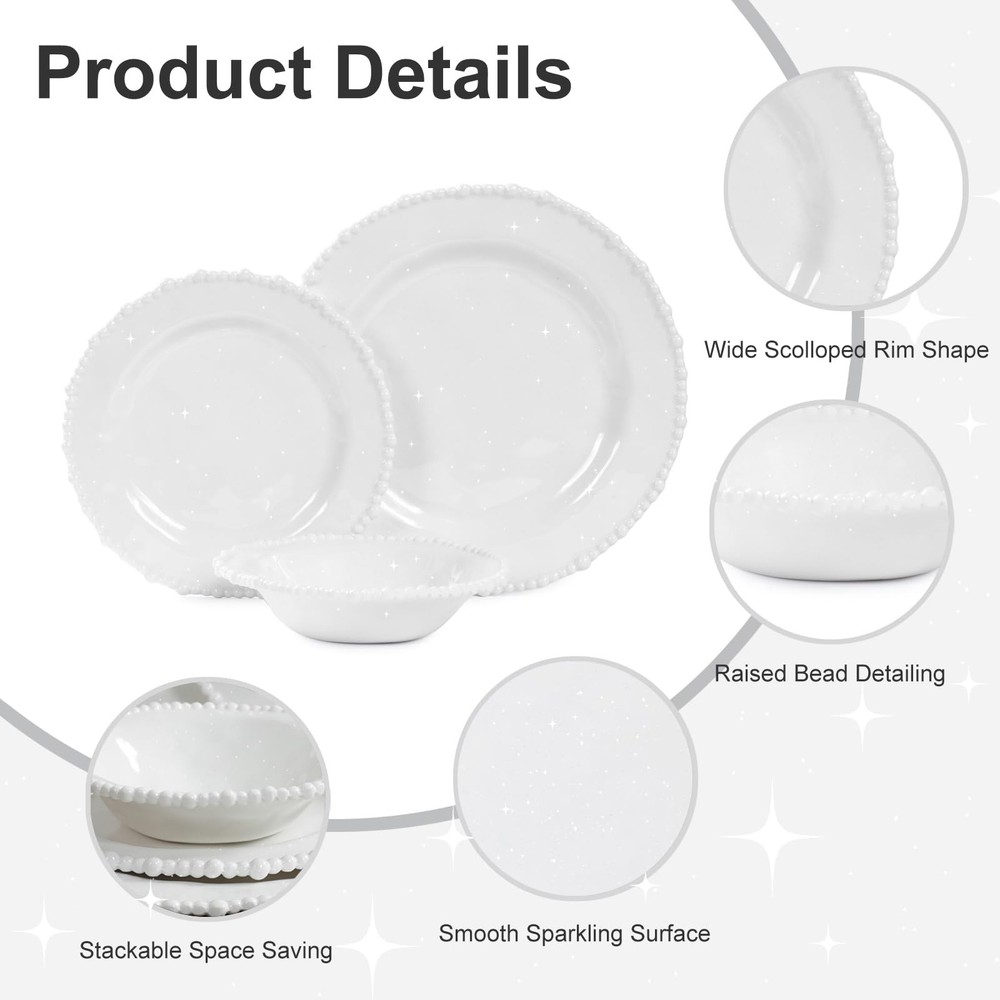 White Pearl Melamine Dinnerware Set, 12-Piece Plastic Dinner Dishes Set, for ...