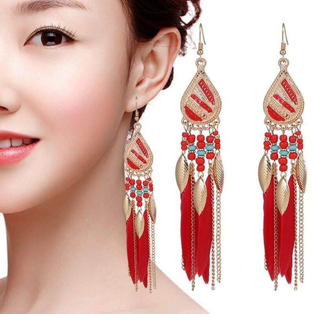 Feather Boho Rice Bead Stud Long Waterdrop Tassel Earrings Hook Boho Ethic Danly