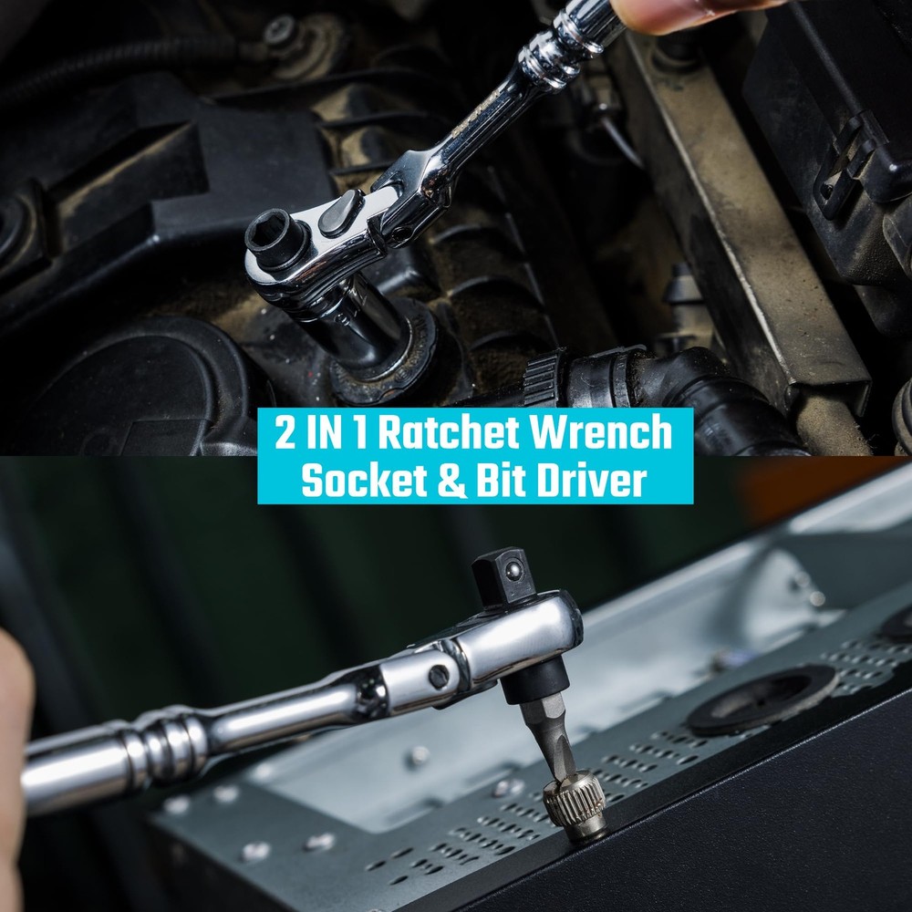 DURATECH 1/4" Drive Ratchet Handle, 2 in 1 Flex Head Ratchet, Socket&Bit...