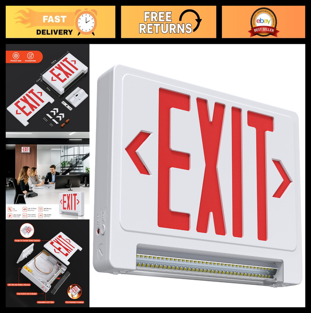 Adjustable LED Exit Sign with Emergency Light Bar, Hardwired, Battery Backup, UL