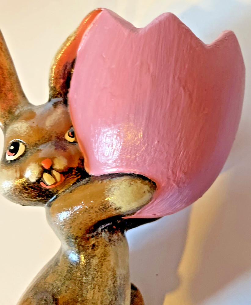 Easter Bunny Holding Fillable “Cracked” Egg Ceramic Figurine