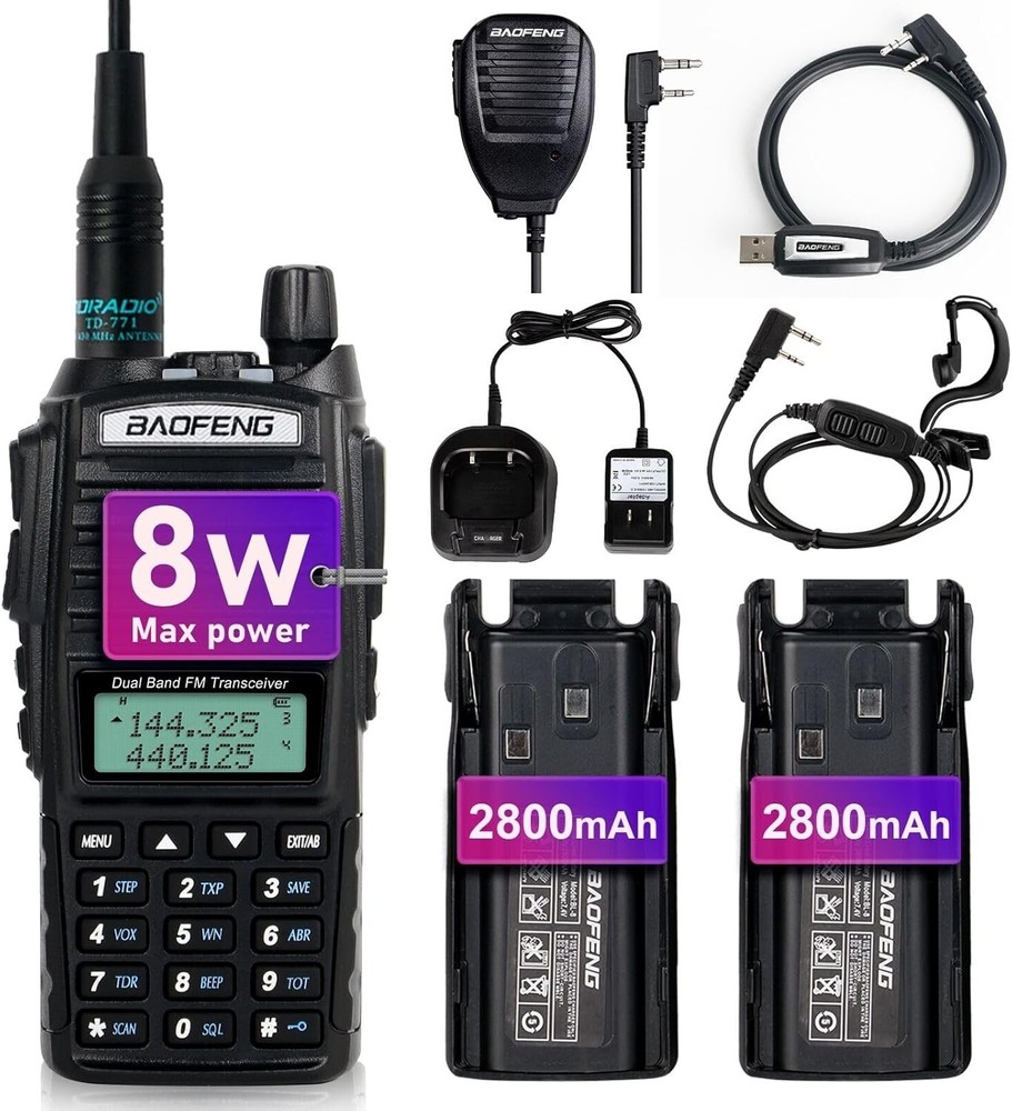 Long Range UV-82 Handheld Walkie Talkie with Speaker Mic & USB Programming Cable