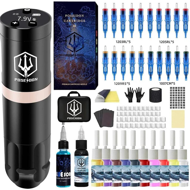 POSEIDON Wireless Tattoo Kit TK043, Complete Kit for Beginners or Advanced