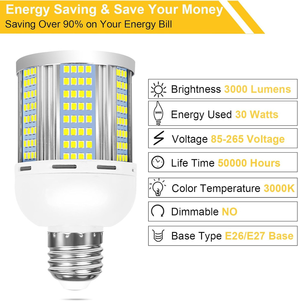 2 Pack 200W Equivalent Led Corn Light Bulb, 3000 Lumen 3000K Warm White 30W LED