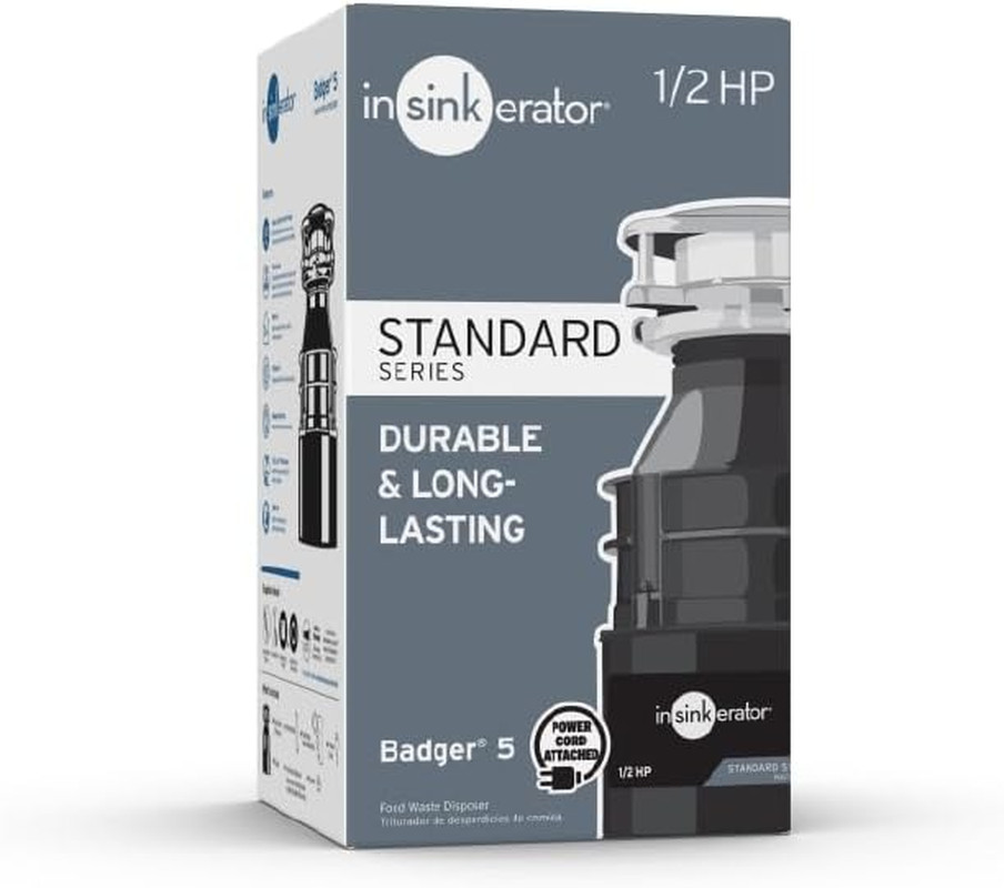 Badger 5 Garbage Disposal with Power Cord, Standard Series 1/2 HP Continuous ...