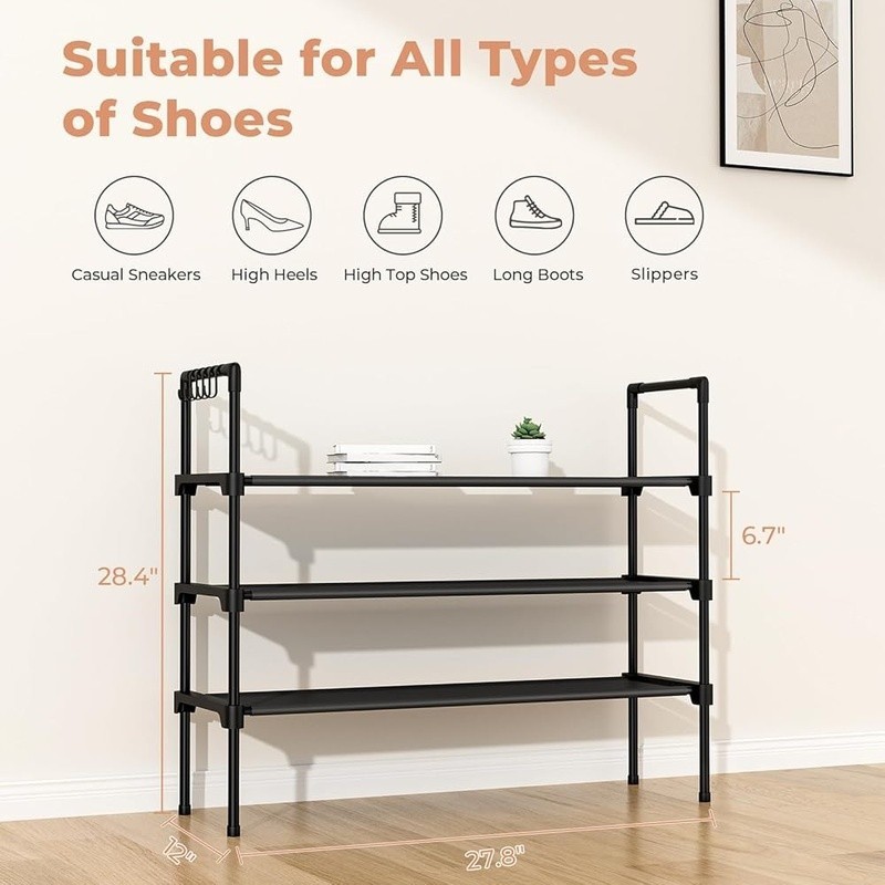 Stackable Shoe Rack 3 Tier Space Saving Organizer W/ Hooks Easy Assembly New