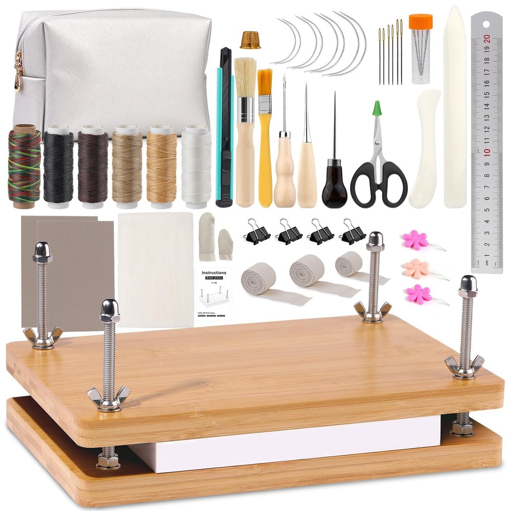 45 Pcs Book Binding Kit with Press, Bone Folder, Webbing Strap & Storage Bag