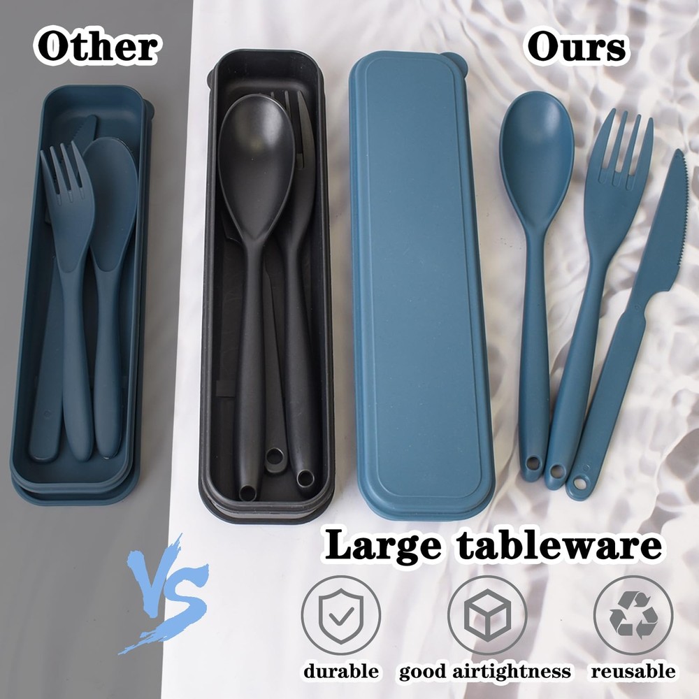 Large Reusable Utensil Set with Case, 2 Sets Portable Plastic Spoons Fork Kni...