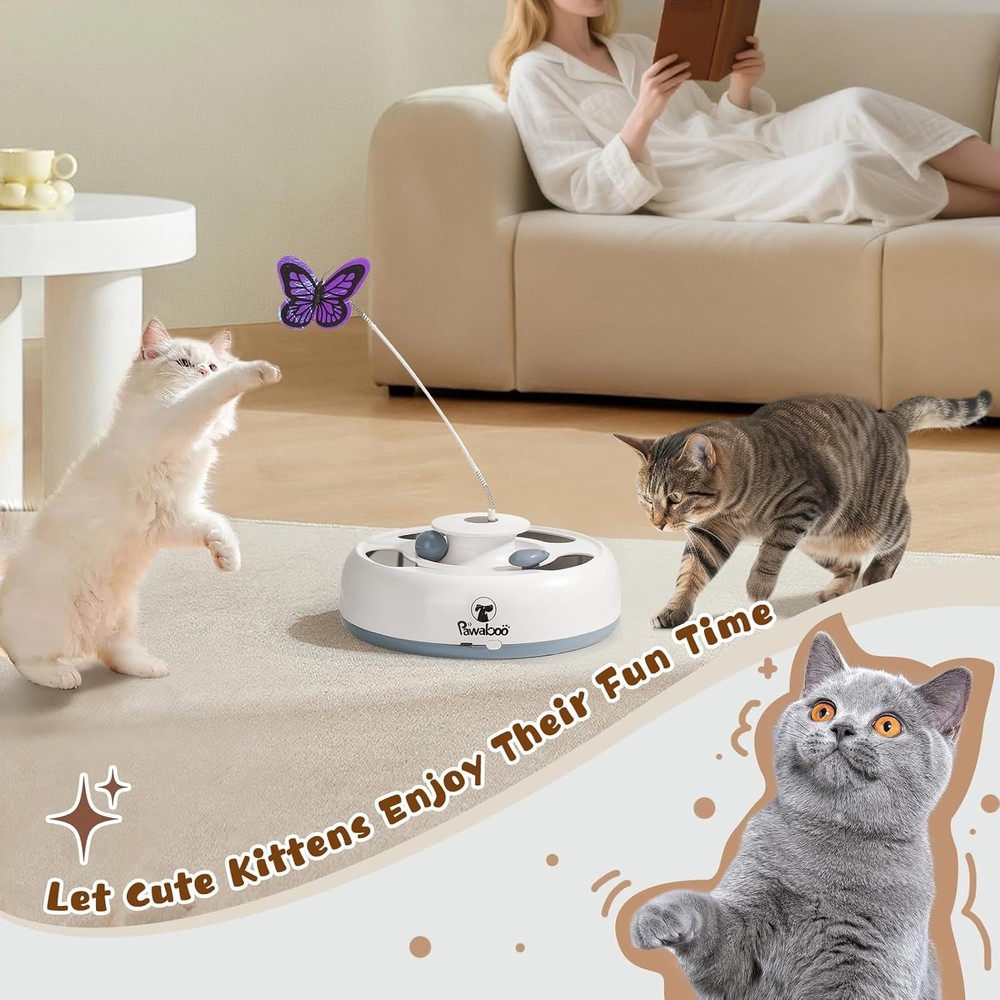 Pawaboo 3-in-1 Automatic Interactive Cat Toy, Electronic Motion White+Gray