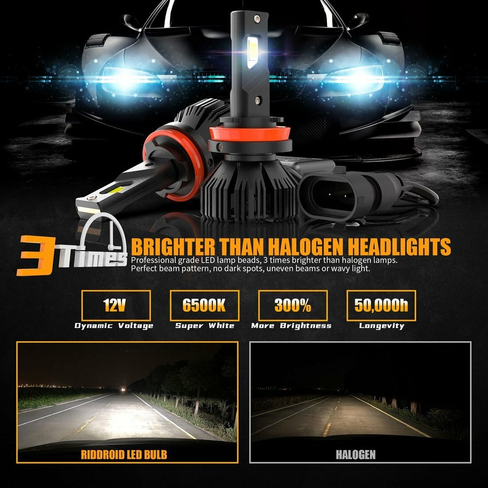 Ridroid H11 LED Headlight Conversion Kit Low Beam Bulb Super Bright 6000K White