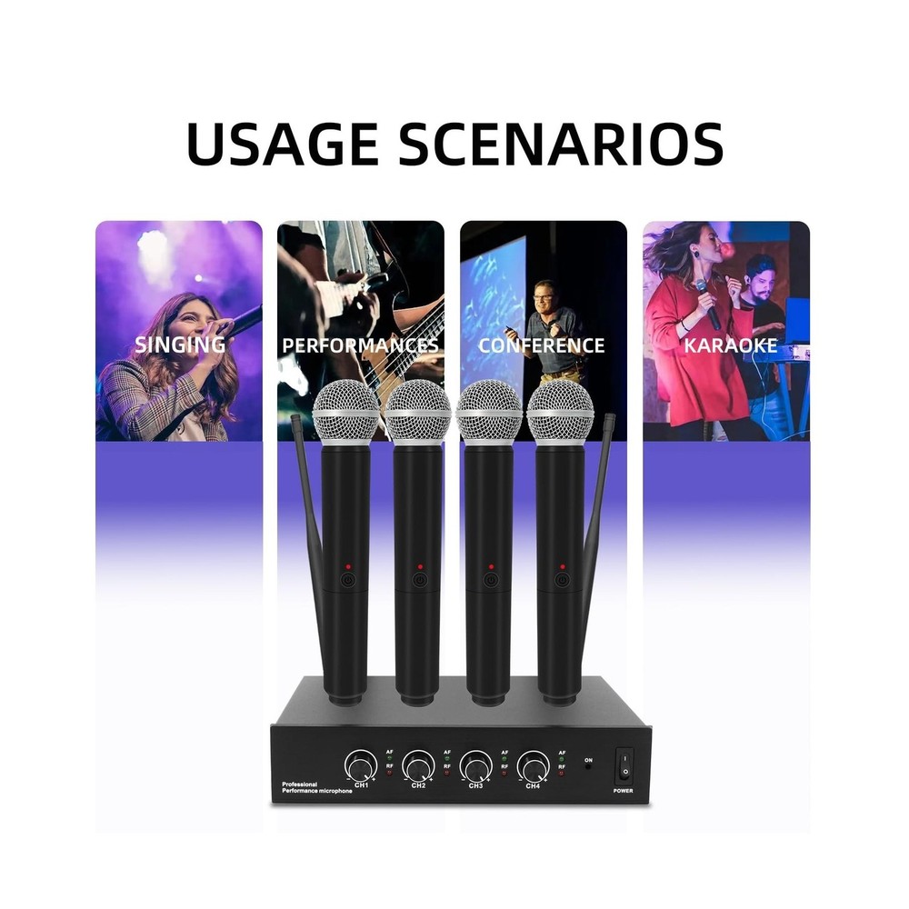 Wireless Microphone System, 4-Channel Wireless Mic with 4 Handhelds Dynamic M...