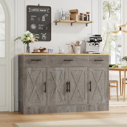 Buffet Cabinet with Storage,53.4" Large Kitchen Storage Cabinet with 3 Grey