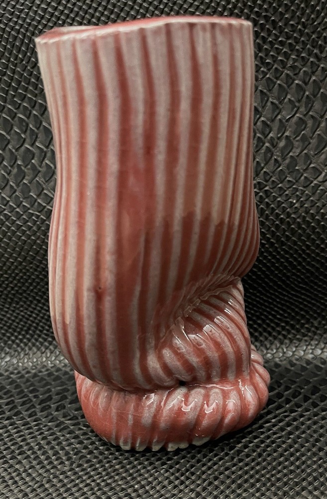 VTG Modernist Free Form Ruby Candy Stripe Glazed Ceramic Vase Signed 6" Tall
