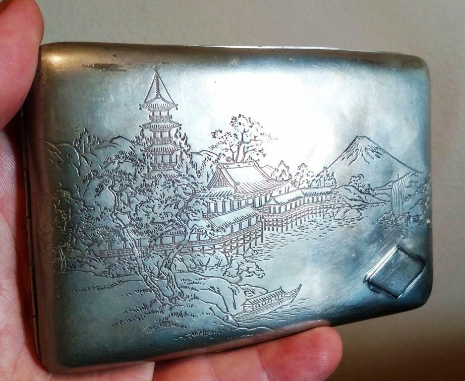 JAPANESE SILVER STERLING CIGARETTE CASE INLAID COPPER