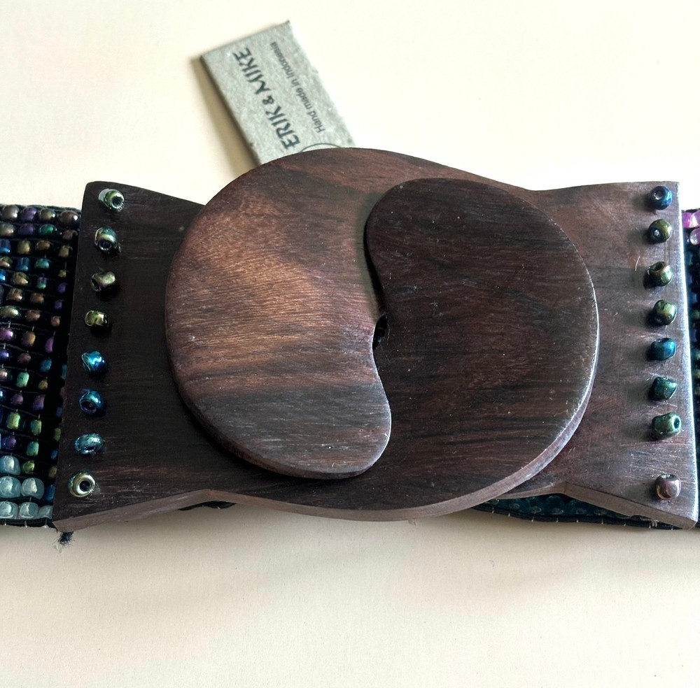 Hand loomed glass bead belt wood scroll triangles