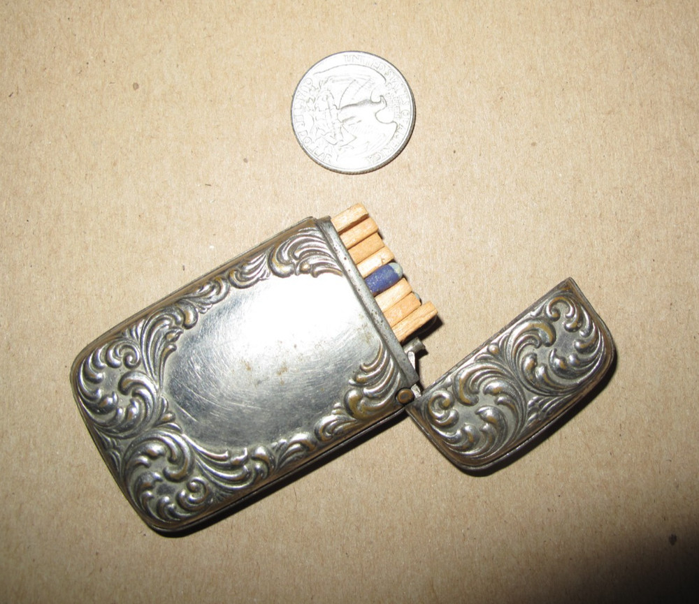 ANTIQUE VICTORIAN MATCH SAFE MATCHSAFE SCROLLWORK SILVER COLOR WITH MATCHES