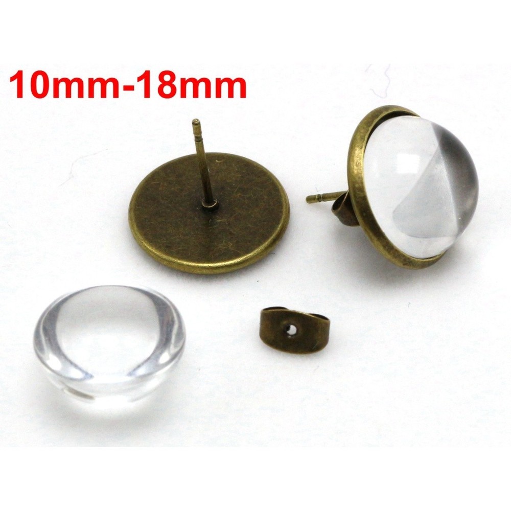 10 Pcs Bronze Earring Blank Ear Post Setting  with Stopper & Matching Glass