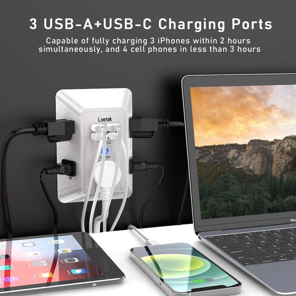5 Outlet Extender Multi Plug Wall Outlets with 4 USB Charging 3U1C, White