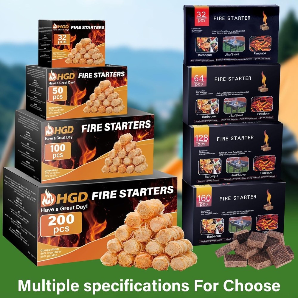 Water-Resistant Mini Fire Starters for Campfires & BBQ Grills - 32 Count