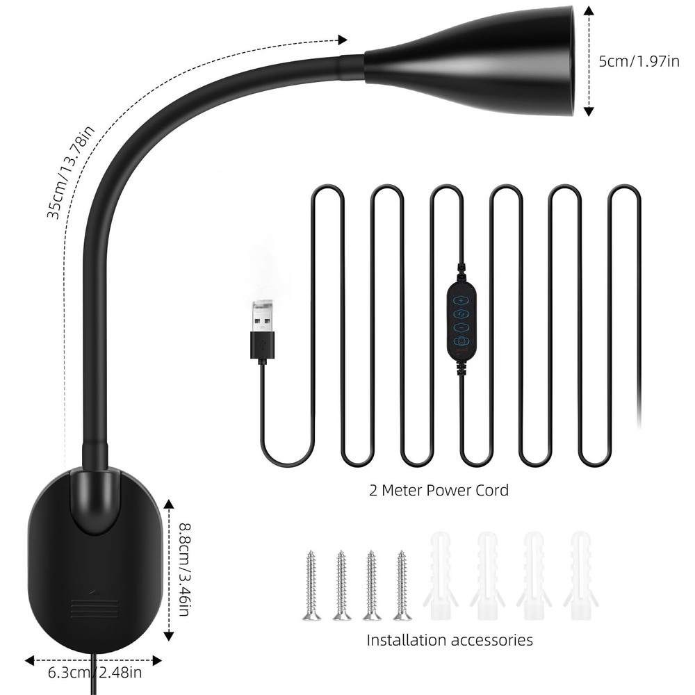 Wall-Mounted LED Bedside Reading Light with USB Charging Port, 10-Level Dimma...