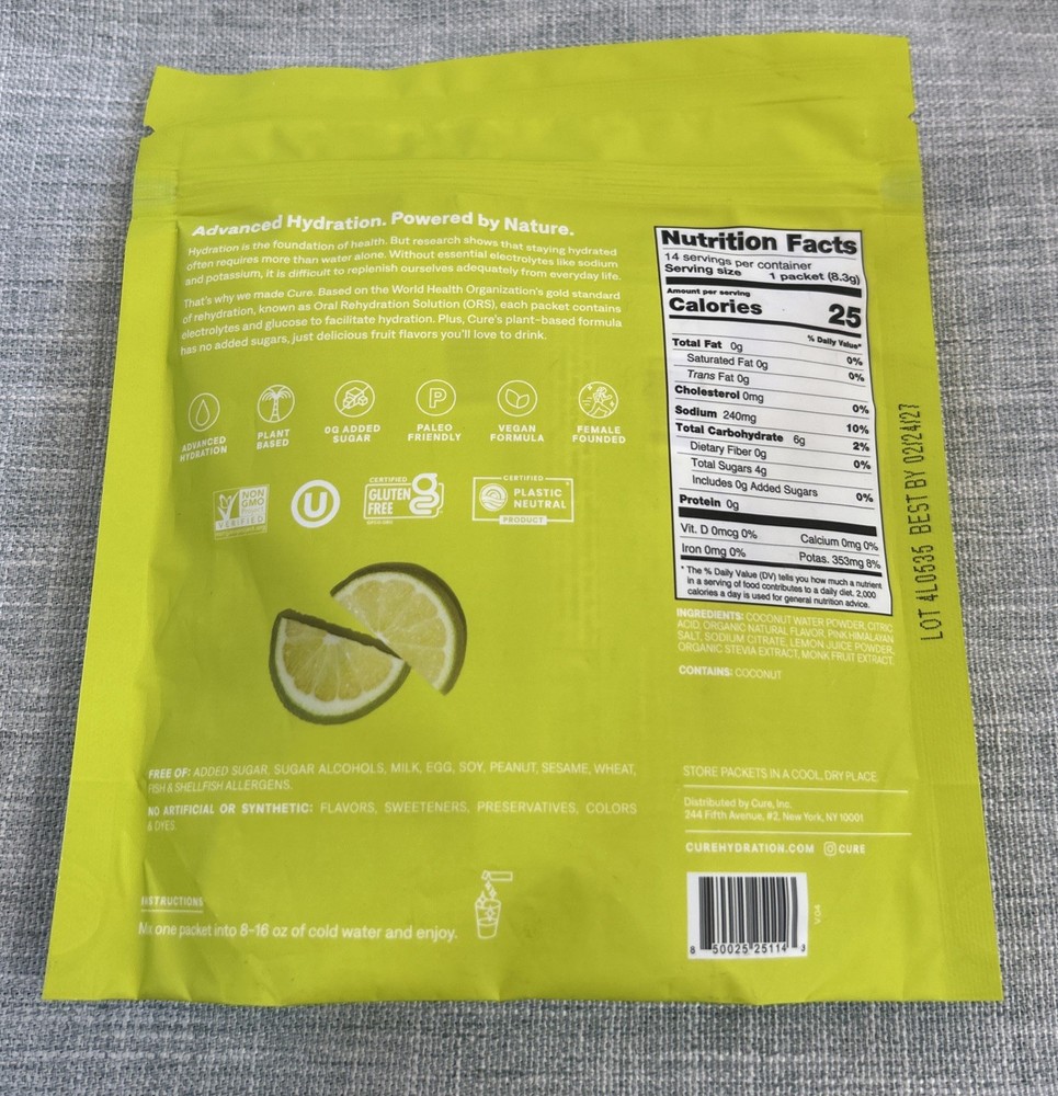 Cure Hydration ~ Electrolyte Drink Mix ~ 14ct ~ Lime ~ Sealed ~ Exp.02/2027