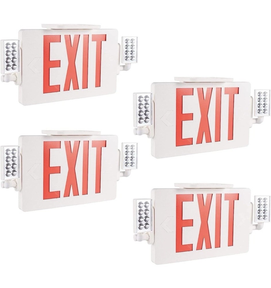4 Pack LED Exit Sign Emergency Combo Light with Adjustable Two Head Battery