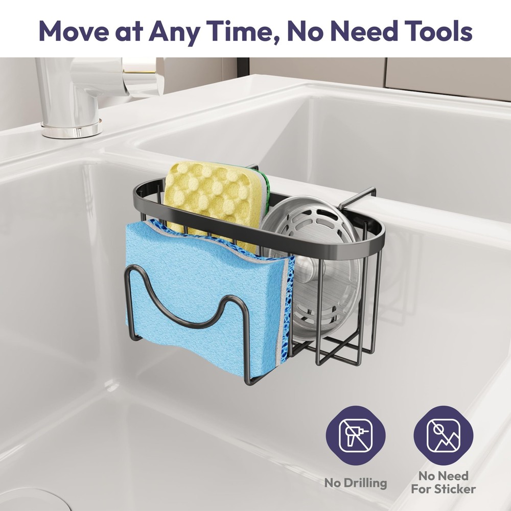 Sponge Holder for Kitchen Sink - Movable Kitchen Sink Caddy with M Shape Hook...