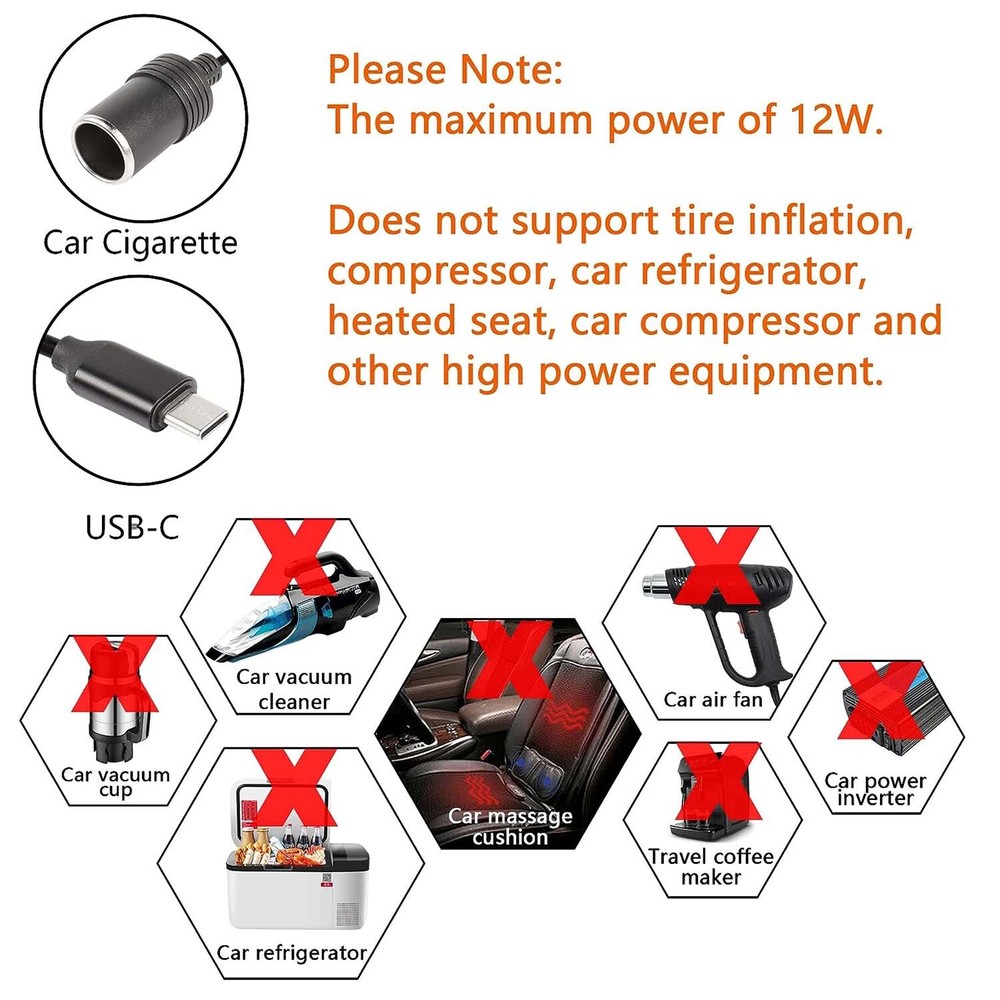 Cigarette Lighter Socket Adapter Power Cable for Dash Cam GPS USB C Male to 12V