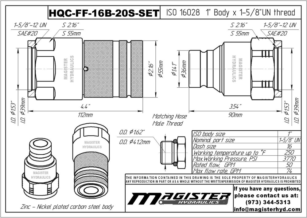 1″ Flat Face Hydraulic Quick Couplers Set - 1-1/4″ SAE Thread