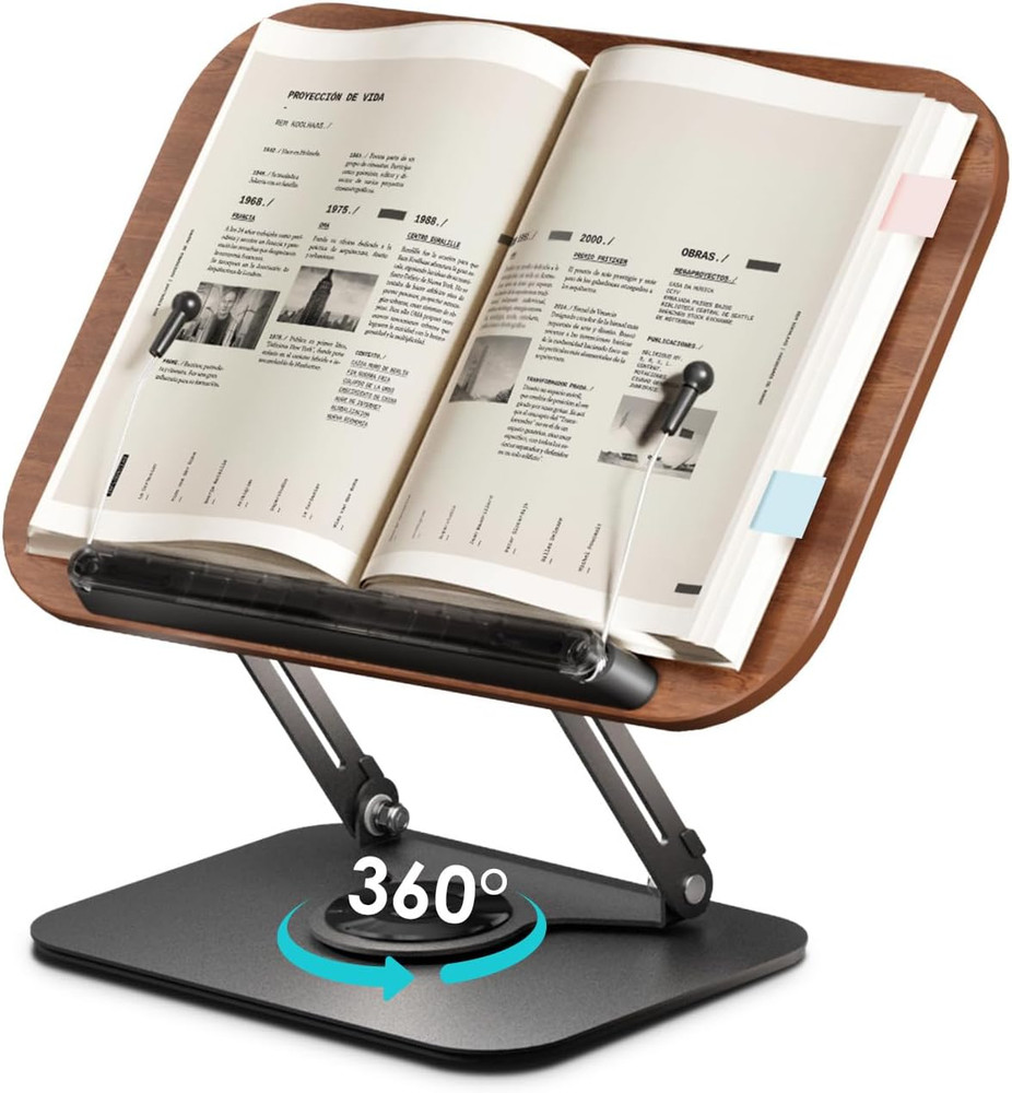 Book Stand for Reading,Book Holder, Height&Angle Adjustable, 360° Rotating Base,