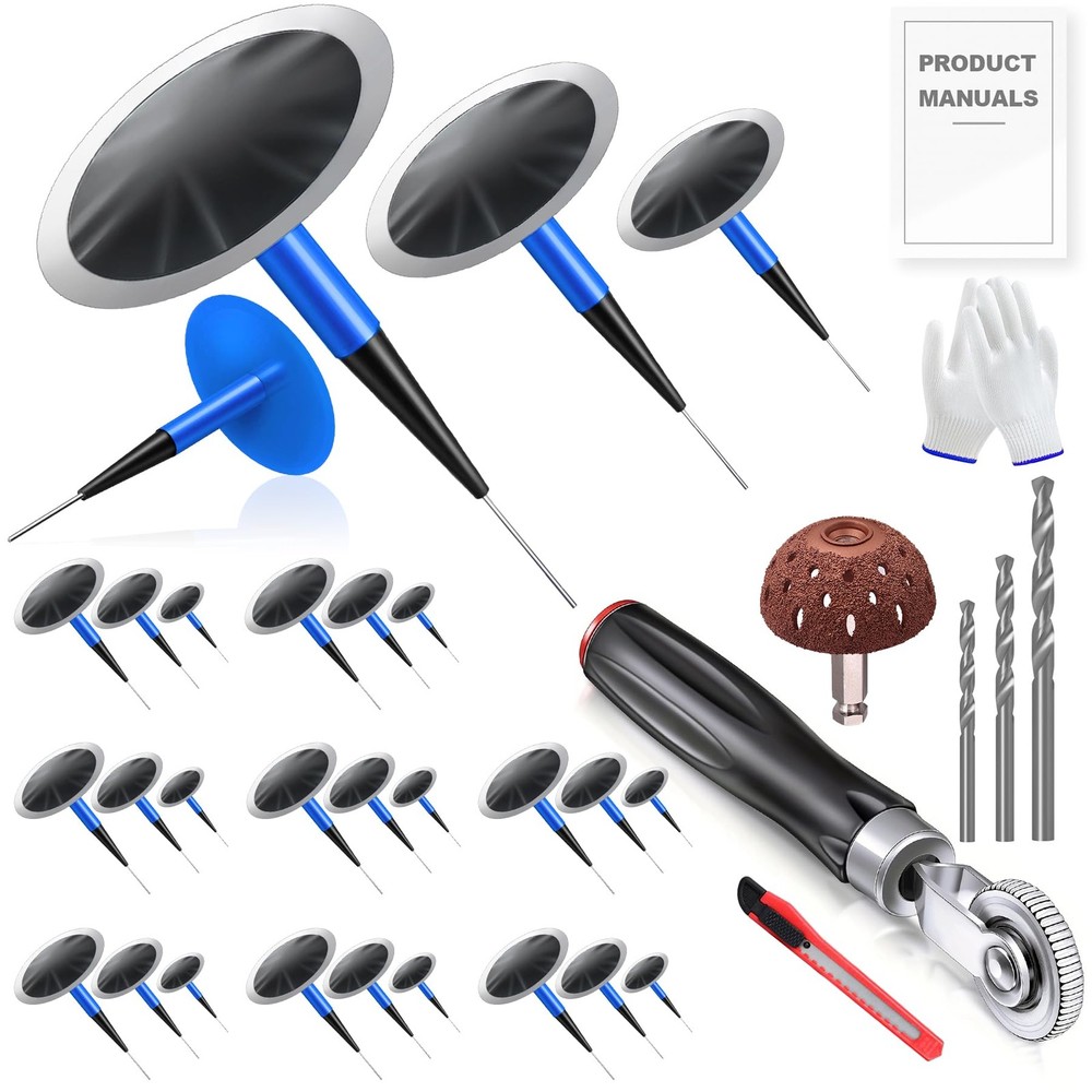 Tire Repair Patch Kit  24PCS Plugs, Roller, Buffing Wheel, Drill Bits