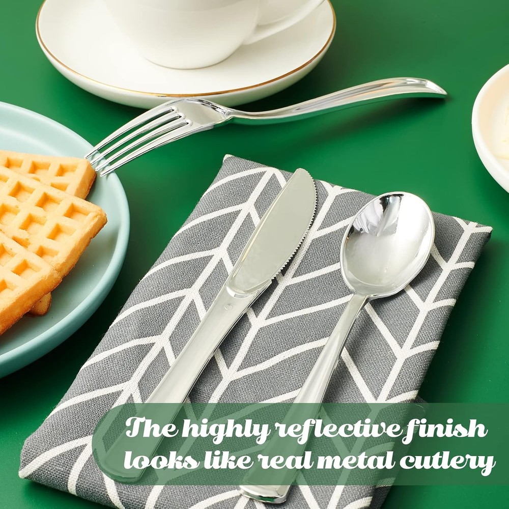 FOCUSLINE 300 Pack Disposable Silver Plastic Forks, Solid and