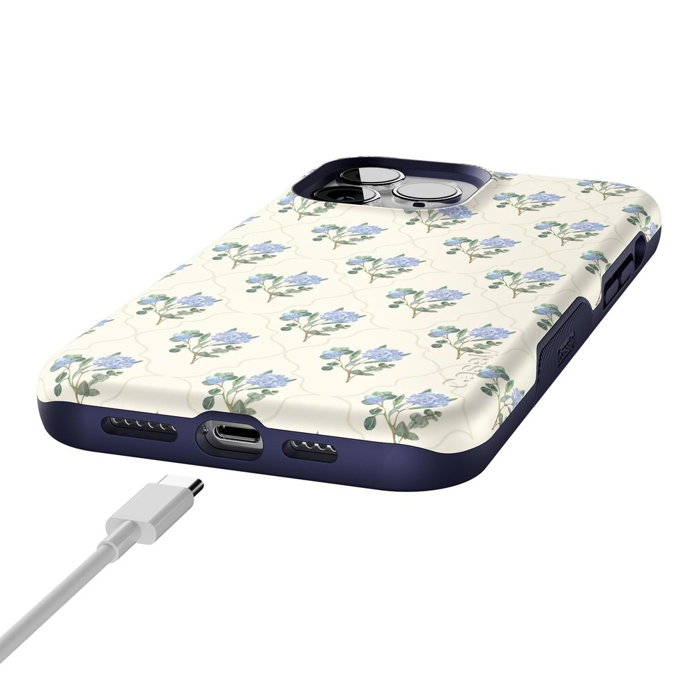 Casely iPhone 13 Pro Case | Vintage Garden | Blue Hydrangea | Bold Protective De