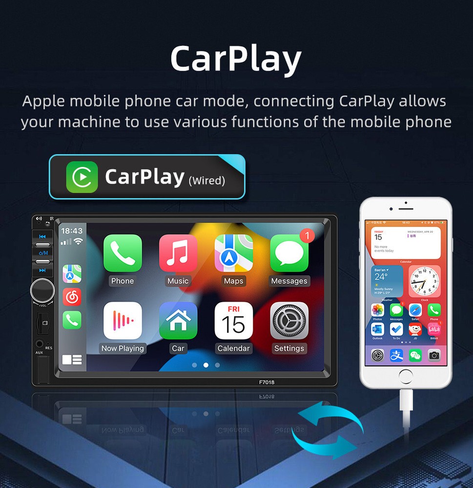Double 2DIN Touch Screen Car Stereo MP5 Player BT FM For Carplay Android Auto