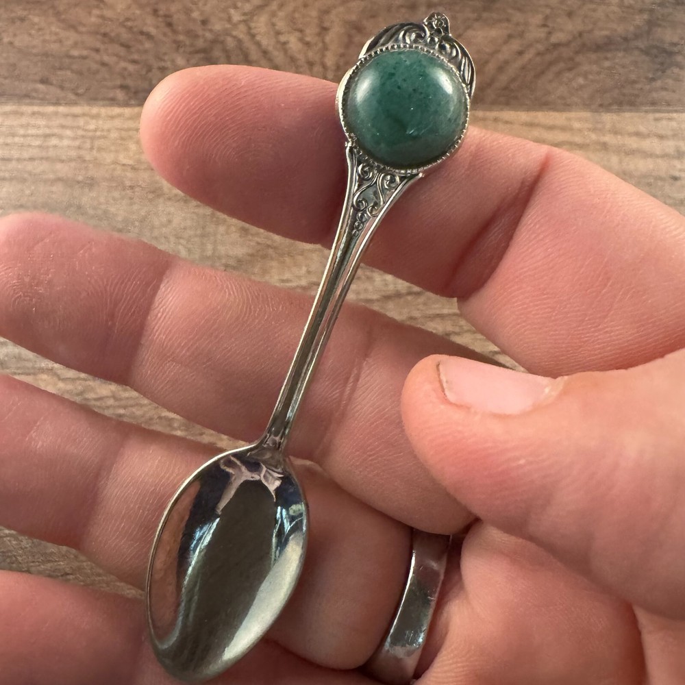 Silver Tone Collector Spoon with applied Green Stone