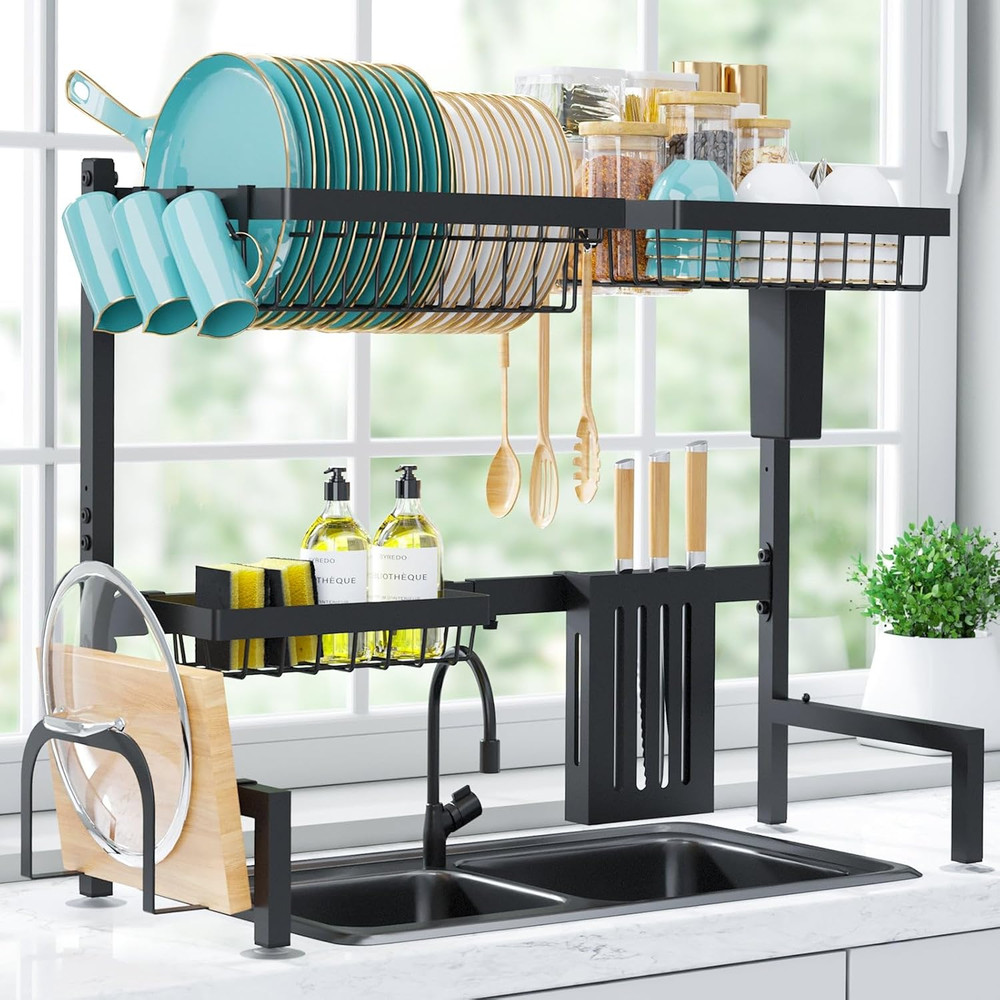 Over the Sink Dish Drying Rack - Adjustable 2 Tier Large Capacity Stainless Stee