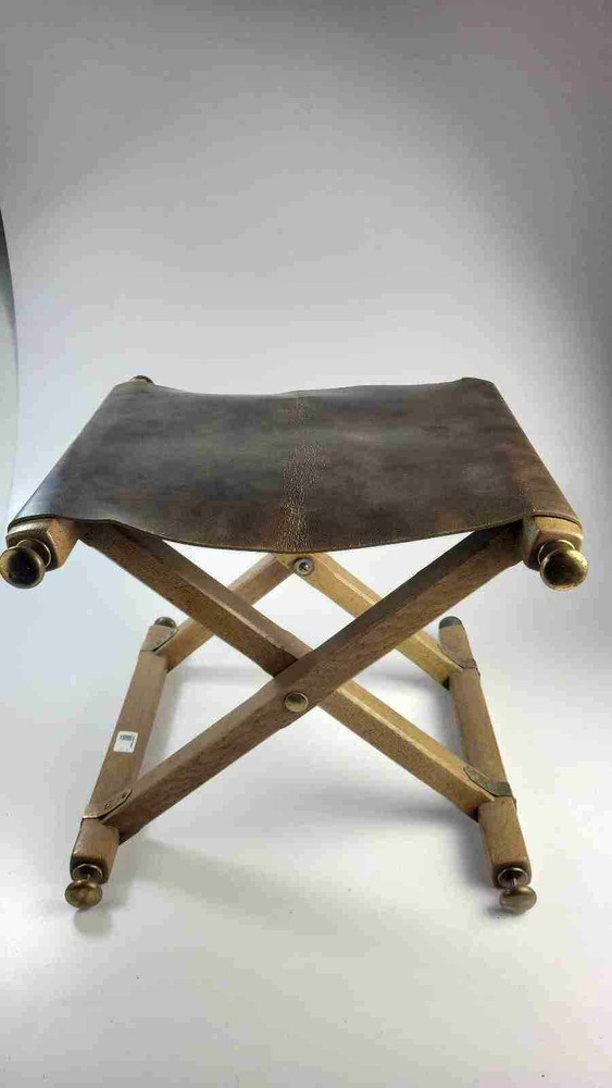 Vintage Oak Leather And Brass Camp / Campaign Folding Stool