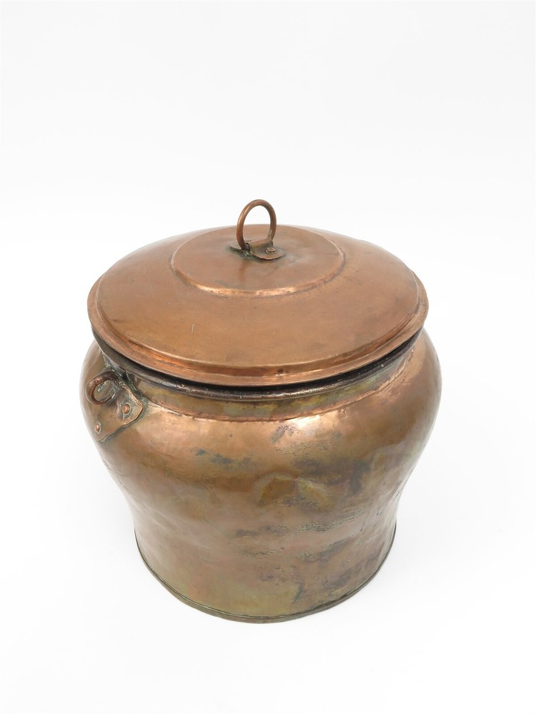 Antique Large Rustic Copper Lidded Cachepot Seed Pot Urn 12" x 11" tall
