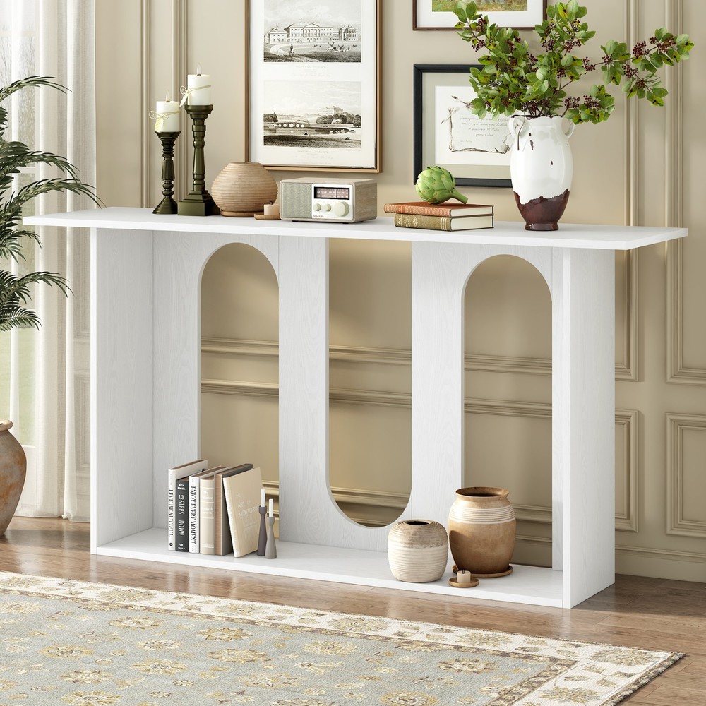 Modern Curved Ash Veneer Console Table with Shelf for Entryway Hallway