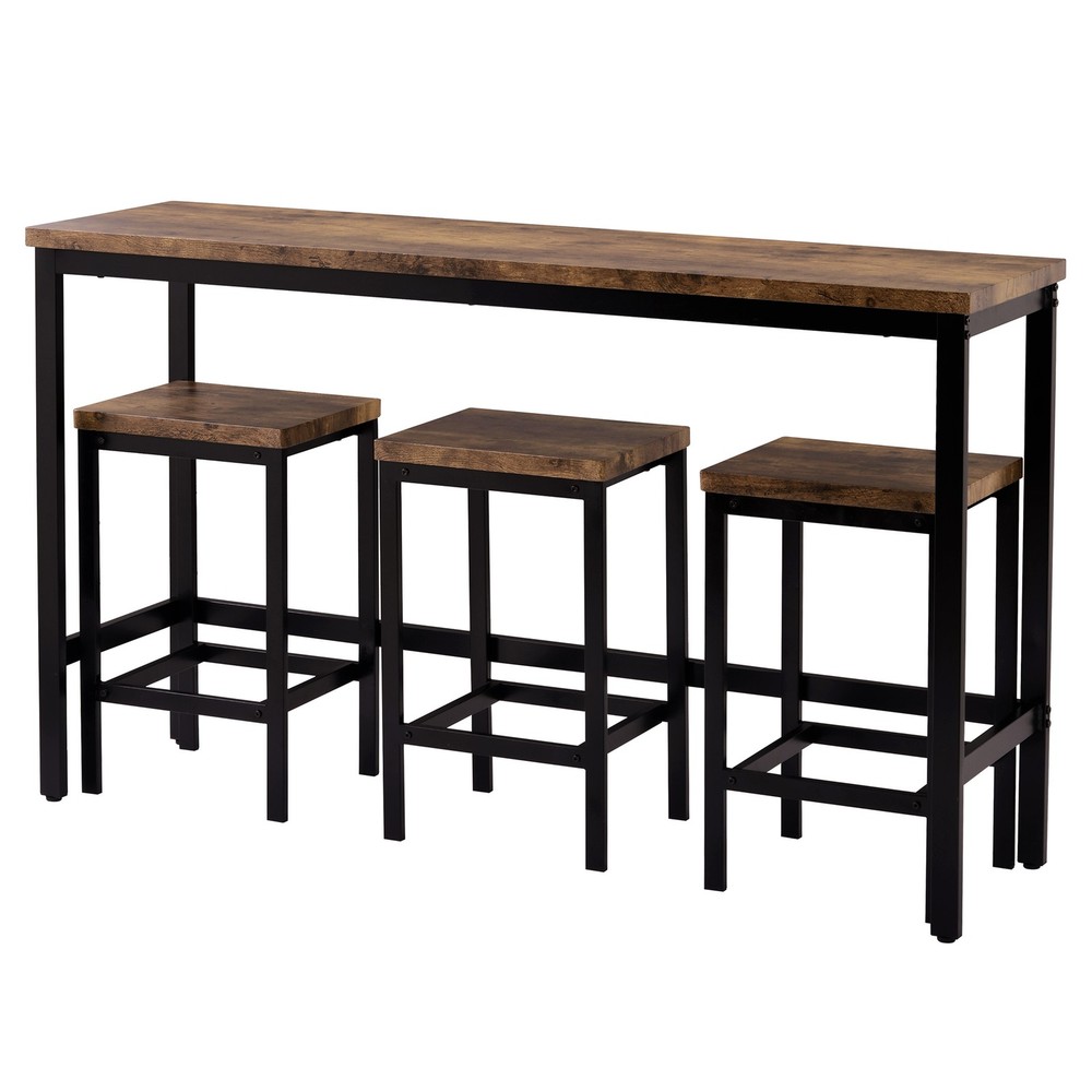 Dining Table Set with 3 Stools Pub Kitchen Set Side Table with Footrest Brown