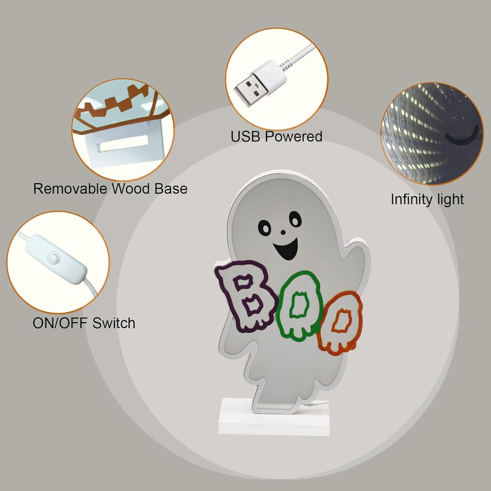 Halloween Neon Infinity Ghost Light,10.24Inch 3D Ghost Table Decor,Usb Powered L