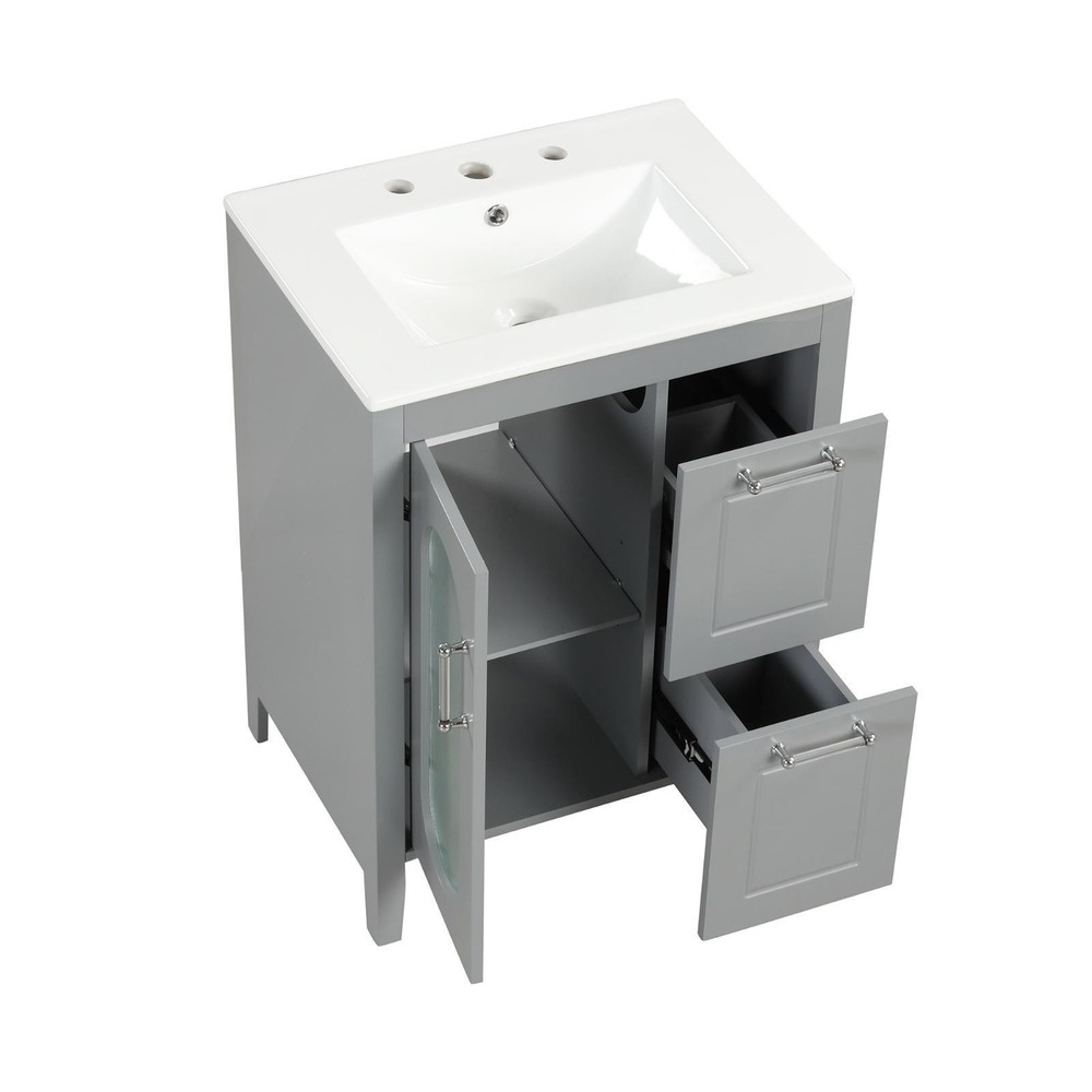 Grey 24" Bathroom Vanity with Solid Wood Frame, Smooth Ceramic Basin, Adjustable