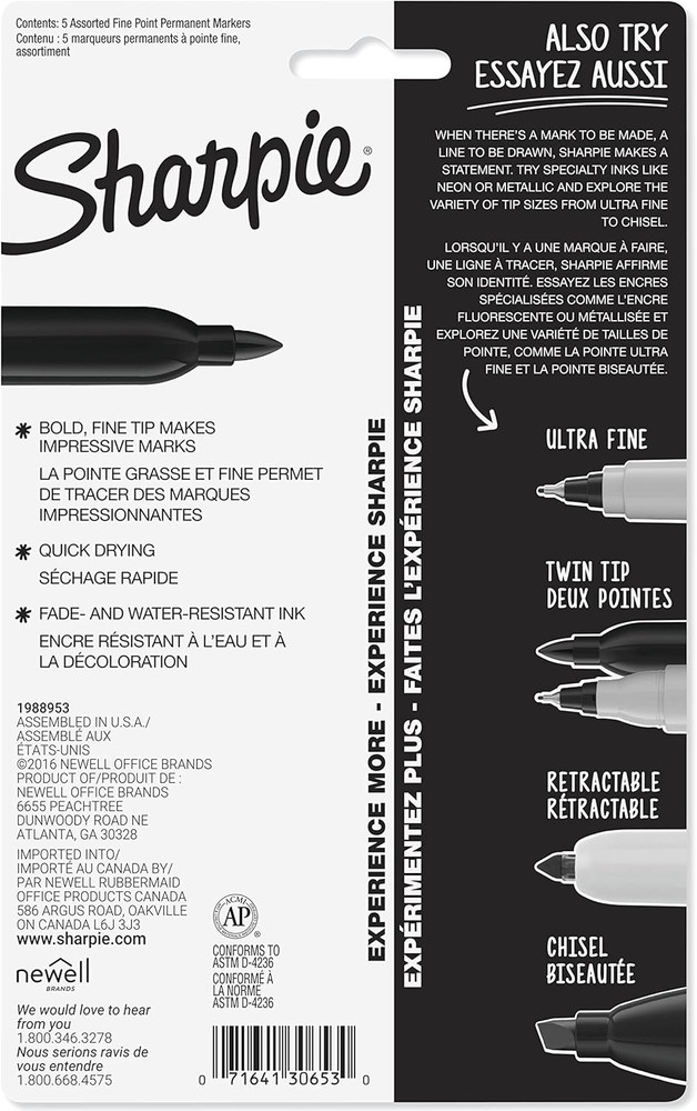 Permanent Markers, Fine Point, Assorted Colors, 5 Count