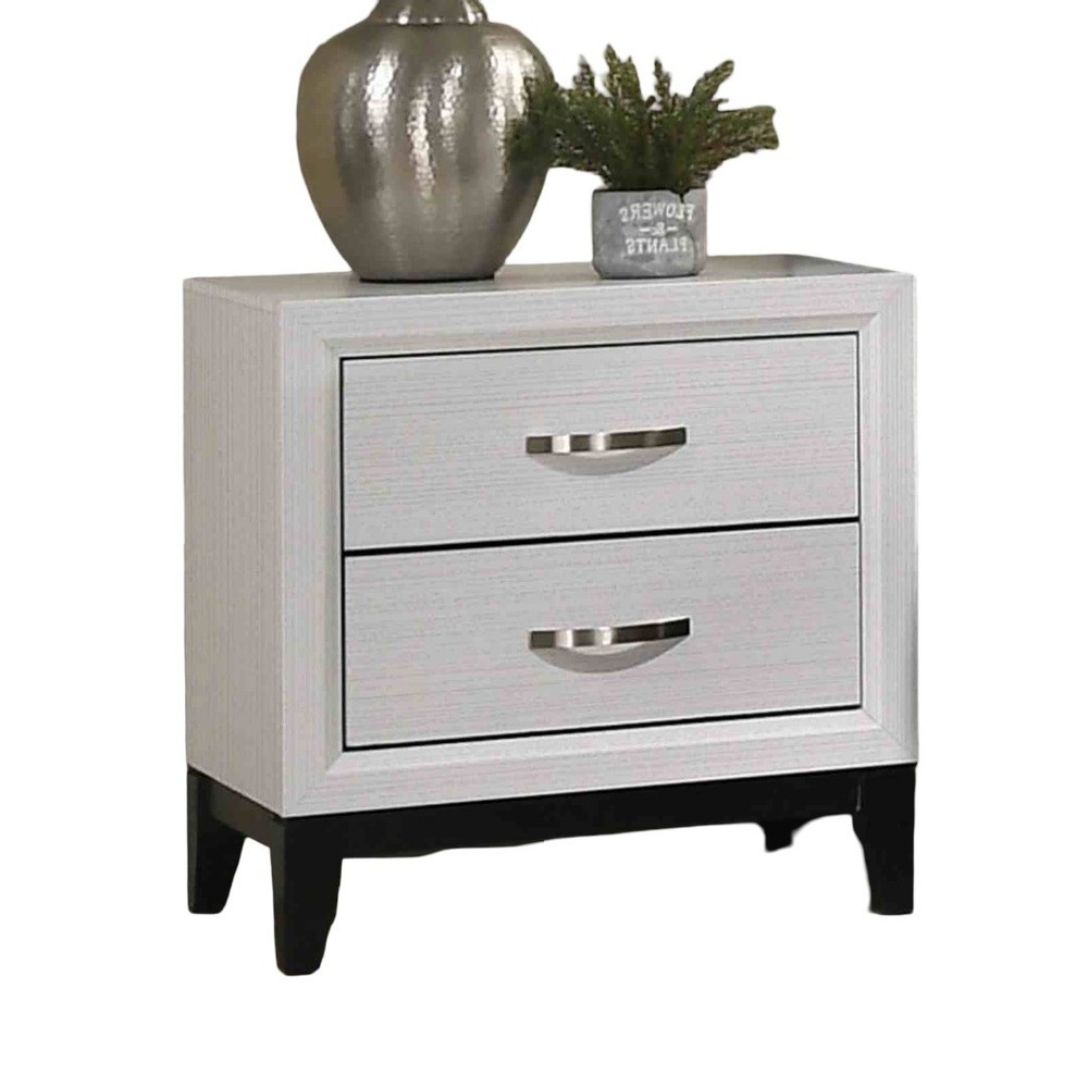 White Finish Eastern King Size 4pc Panel Bed Set Metal Handles Two Tone Design