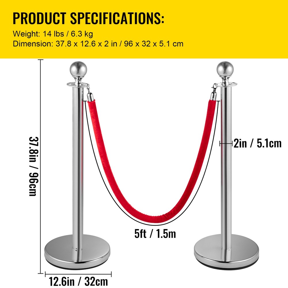 Crowd Control Stanchion Silver 4x37.8" Pack 3 Ropes Queue Posts Stable Red