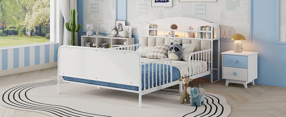 Metal Full Size Bed Frame with Light/Storage Headboard Slatted Safety Guardrails