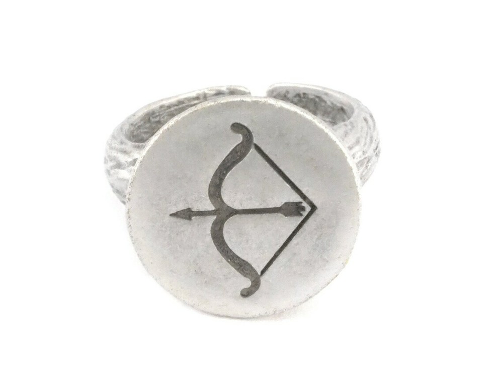 Bow Sagittarius Horoscope Bark Textured Adjustable Ring Silver plated brass 4861