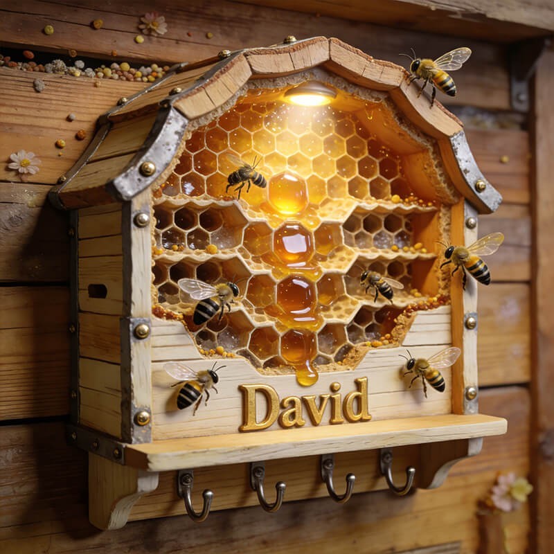 Personalized Bee Hive Key Holder, Honeycomb Wall Hook Rack Rustic Gift