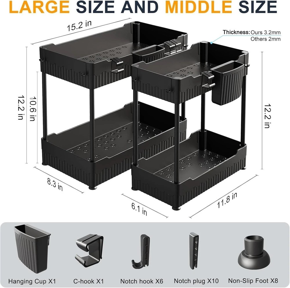 2 Pack Under Sink Organizer 2 Tier Sliding Drawer Storage Rack Kitchen Bath